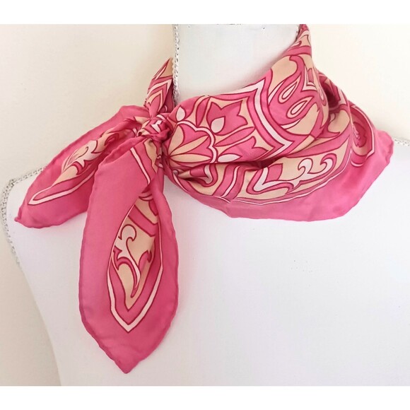 VTG Burmel 100% Silk Scarf 22" Pink Medallion Print Rolled Edge - Picture 3 of 5